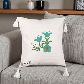 Perna Decorativa Flori Stilizate Folk Turcoaz, 40x40 cm, Bej cu Franjuri, Husa Detasabila, Perna Inclusa, BEKZ®
