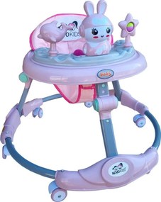 Premergator reglabil in 6 trepte de inaltime NOVOKIDS™ Happy Bunny, Cu melodii si lumini, Pliabil, Max 20 kg, Roti silentioase, Model Iepuras, Roz