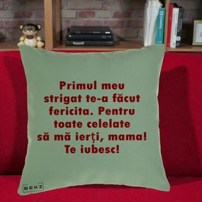 Cadou pentru Mama - Perna Personalizata Primul Strigat Mama, 40x40 cm, Verde, Husa Detasabila, Perna Inclusa, BEKZ®