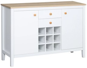 HOMCOM Bufet mobilier de depozitare cu 2 sertare, 2 uși rafturi reglabile și suport pentru sticle pentru 9 sticle, alb | Aosom Romania