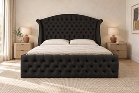 Pat tapițat Chesterfield din catifea Sorella Simple 160×200 cm, negru, cu ladă de depozitare