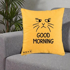 Perna Decorativa Pisica Morocanoasa Good Morning, 40x40 cm, Galben, Husa Detasabila, Perna Inclusa, BEKZ®