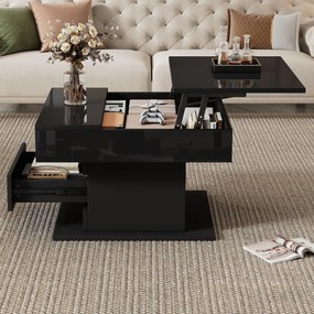 Masă de cafea rotativă 360° cu funcție de ridicare, spațiu de depozitare ascuns și 1 sertar, 70x70x45 cm, Negru