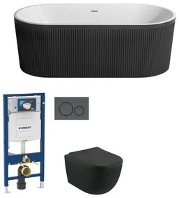 Set cada freestanding ovala 3D, vas wc rimless cu capac soft close, rezervor incastrat si clapeta neagra