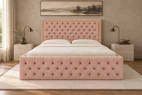 Pat tapițat Chesterfield din catifea Ophelia Deluxe 160×200 cm, cappuccino, cu ladă de depozitare