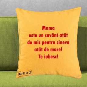 Cadou pentru Mama - Perna Personalizata Mama Cuvant Mic, 40x40 cm, Galben, Husa Detasabila, Perna Inclusa, BEKZ®