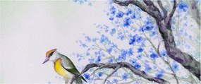 Tablou - Pasăre pe un copac cu flori albastre (120x50 cm)