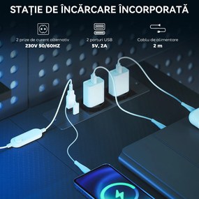 HOMCOM Birou Gaming Reversibil în L cu LED, 114,5x82 cm Birou Colțar cu Prize Electrice, Suport pentru Monitor și Rafturi Reglabile din Rețea, Stație Gaming pentru Acasă, Birou sau Studiu, Negru | Aosom Romania