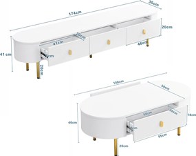 TV-dulap-masă de cafea-combinație, living-combinație cu sertare și colțuri rotunjite, Alb+Auriu