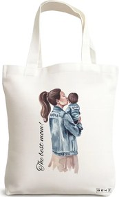 Sacosa de Panza pentru Cumparaturi, Geanta Tote, model The best mom, 38x34.5 cm, Alba, BEKZ®