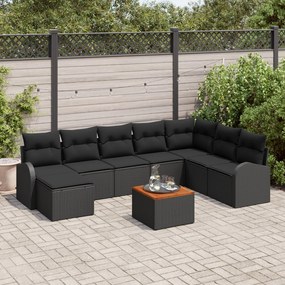 vidaXL Set de canapea de grădină cu 9 piese, perne incluse, din ratan poly negru și lemn de acacia.