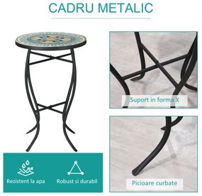 Masuta de Gradina Rotunda Outsunny din Metal Blat cu Mozaic, Multicolor Ф35.5x53.5cm | Aosom RO