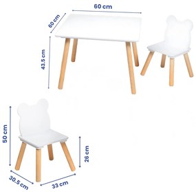 Set Masa si 2 Scaune Suporto pentru Copii din Lemn MDF, Scaun in Forma de Ursulet si Masuta de Scris, Varsta 3-6 Ani, cu Margini Rotunde, Alb