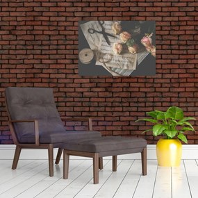 Tablou pe sticlă cu note muzicale și trandafiri (70x50 cm)
