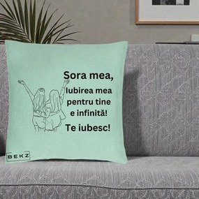 Cadou pentru Sora - Perna Personalizata Sora Mea Te Iubesc Line Art Doua Fete cu Brate Ridicate, 40x40 cm, Verde Menta, Husa Detasabila, Perna Inclusa, BEKZ®