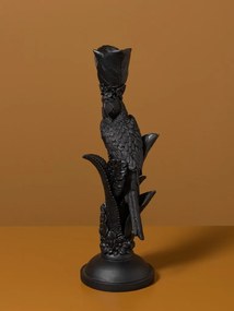Sfeșnic din rășină cu papagal și frunze sculptate, negru antichizat, finisaj patinat, 32,5×10,5 cm, „Perroquet"