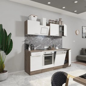 Mobilă de bucătărie Yorki 220, corp din stejar Yorki, față alb satinat cu element inferior al cuptorului