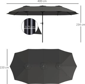 Outsunny Umbrelă Dublă de Grădină cu 12 Spițe, Orificii de Ventilație și Manivelă, 400x220x234 cm, Gri Închis | Aosom Romania