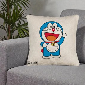Perna Personalizata Doraemon Salutand, 40x40 cm, Bej Canapea, Husa Detasabila, Perna Inclusa, BEKZ®