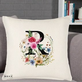 Cadou Personalizat - Perna Personalizata Monogram Litera R cu Flori Acuarela, 40x40 cm, Crem Reliefat, Husa Detasabila, Perna Inclusa, BEKZ®