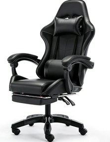 Scaun gaming, Masaj în perna lombară, Rabatabil 90-145°, Suport picioare, piele PU, Negru