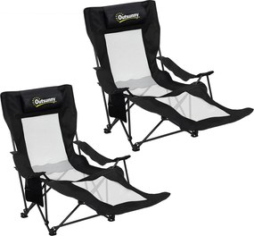Outsunny Set de 2 Scaune Pliabile Rabatabile pentru Camping cu Suport Picioare Detașabil, Tetieră, Suport Pahar și Husă, Negru | Aosom Romania