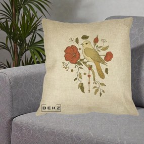 Perna Decorativa Pasare pe Ramura cu Maci, 40x40 cm, Crem, Husa Detasabila, Perna Inclusa, BEKZ®
