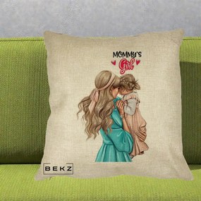 Cadou pentru Mama - Perna Personalizata Mommy's Girl Mama si Fetita, 40x40 cm, Crem, Husa Detasabila, Perna Inclusa, BEKZ®