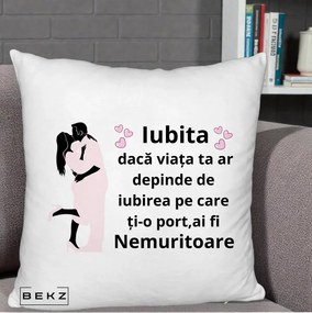 Cadou pentru Iubita - Perna Personalizata Iubita Nemuritoare cu Siluete de Cuplu, 40x40 cm, Alb Pufos, Husa Detasabila, Perna Inclusa, BEKZ®