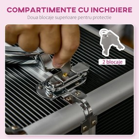 HOMCOM Valiză Profesională pentru Machiaj, Aluminiu și Oțel Armat, cu Încuietoare și Roti, Negru 36x23x58cm | Aosom Romania