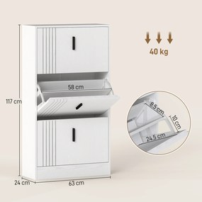 HOMCOM Dulap pentru încălțăminte dulap pantofi cu 3 uși rabatabile 18 perechi capacitate mare din lemn 63 x 24 x 117 cm alb | Aosom Romania