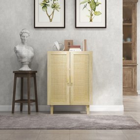 HOMCOM Bufet înalt mobilier de depozitare design boem cu duble uși cu 3 rafturi împletite - 73 x 41 x 102 cm | Aosom Romania
