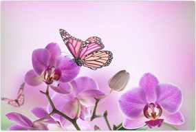 Tablou - Fluture pe flori de orhidee, liliac (90x60 cm)