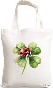 Sacosa de Panza pentru Cumparaturi, Geanta Tote, model Lucky Ladybug 38 x 34.5 cm, Alba, BEKZ®