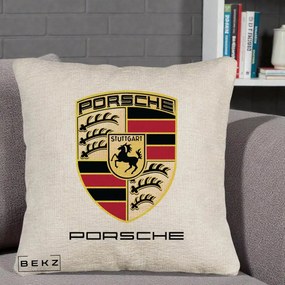 Perna Personalizata Porsche Stuttgart, 40x40 cm, Bej Canapea, Husa Detasabila, Perna Inclusa, BEKZ®