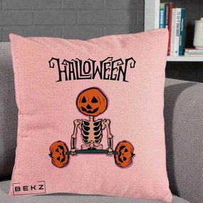 Perna Decorativa Halloween Schelet cu Cap de Dovleac Powerlifting, 40x40 cm, Roz, Husa Detasabila, Perna Inclusa, BEKZ®