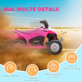 AIYAPLAY ATV Electric, Mini Motocicletă pentru Copii 18-36 Luni cu Lumini LED, Claxon și Pedale, 65,5x38,5x43,5 cm, Roz | Aosom Romania
