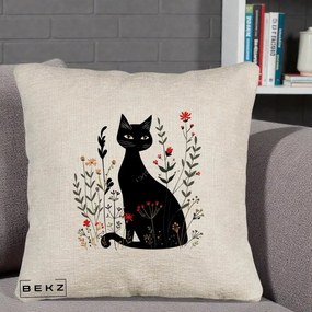 Perna Decorativa Pisica Neagra Botanica Rosu-Gri, 40x40 cm, Bej Canapea, Husa Detasabila, Perna Inclusa, BEKZ®