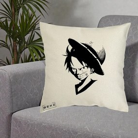 Perna Personalizata One Piece Luffy Silueta Alb-Negru, 40x40 cm, Ecru, Husa Detasabila, Perna Inclusa, BEKZ®