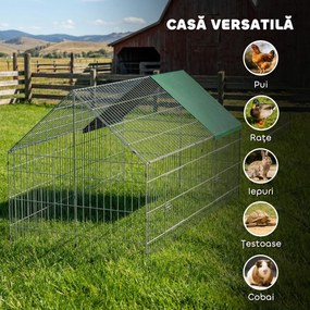 PawHut Cușcă pentru Iepuri și Găini de Exterior și Interior cu Protecție Solară și Grilaj Metalic, pentru Animale Mici, Rațe, Găini, 180x75x75 cm, Verde | Aosom Romania