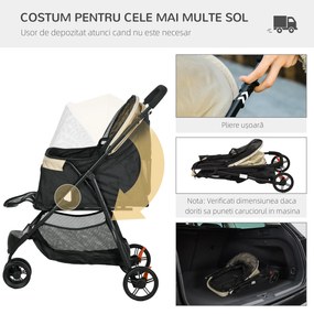 PawHut Cărucior pentru Câini cu 3 Roți, Cărucior Pliant cu Husă de Ploaie, Coș și Curea, 80,5x51,5x100 cm, Kaki | Aosom Romania