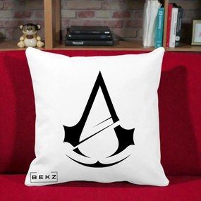 Perna Personalizata Assassin's Creed Minimalist, 40x40 cm, Alba Mata, Husa Detasabila, Perna Inclusa, BEKZ®