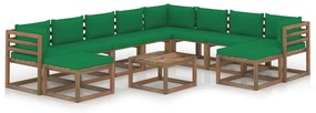 Set mobilier de gradina cu perne verzi, 11 piese Verde, 3x colt + 5x mijloc + 2x suport pentru picioare + masa, 1