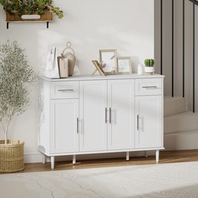 HOMCOM Mobilier de Sufragerie, Credență cu 2 Sertare și 3 Dulapuri cu Rafturi Reglabile, Comodă cu Picioare din Pin pentru Sala de Mese și Bucătărie, 120x38x86 cm, Alb | Aosom Romania