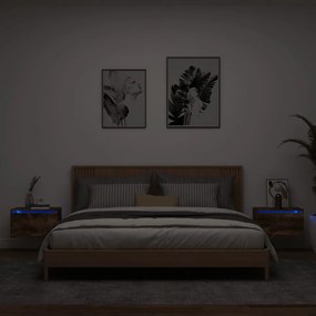 vidaXL Noptiere montate pe perete cu lumini LED, 2 buc.,stejar fumuriu
