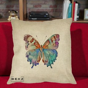 Perna Decorativa Fluture Acuarela Multicolor Portocaliu-Bleu-Mov, 40x40 cm, Crem, Husa Detasabila, Perna Inclusa, BEKZ®
