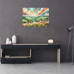 Tablou pe sticlă – Cai galopând prin peisaj (70x50 cm)