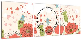 Tablou - Păsări pe o pajiște înflorită (cu ceas) (90x30 cm)