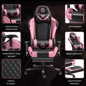 Scaun gaming, masaj în perna lombară, sezut benzi elastice sustinere, suport picioare, funcție sezlong, SIG 5020, Negru/Roz
