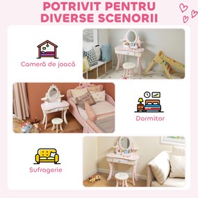 AIYAPLAY Set Masă de Toaletă pentru Copii cu Oglindă și Scaunel, 7 Accesorii de Joc, Sertar, Depozitare pe Birou, Roz | Aosom Romania
